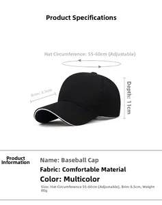 Detail view of adjustable black baseball cap showing dimensions 55-60cm and 8.5cm brim