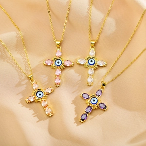 Evil Eye Cross Pendant Necklace Copper Gold Plated With Colorful Zircon Inlay Fashion Trendy Jewelry For Women