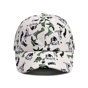 Close-up of dinosaur pattern print and ROAR text on white kids baseball cap