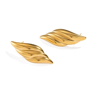 Detailed view of gold leaf-shaped stainless steel earrings with textured glossy finish