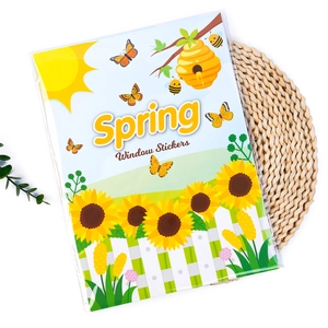 Spring window stickers set featuring sunflower, bee, and butterfly motifs in a gift package