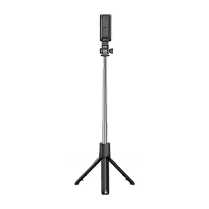 Detail of telescopic silver metal rod and foldable tripod base on phone selfie stick