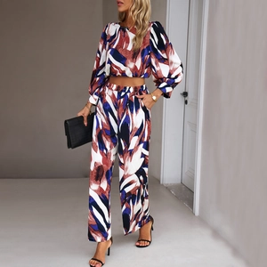 Abstract print two-piece set with long sleeve crop top and wide-leg trousers