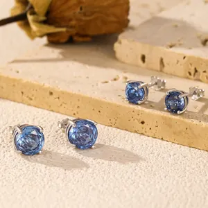 Royal Blue Round Zircon Stud Earrings With 925 Sterling Silver Earring Post Elegant Geometric Jewelry For Women