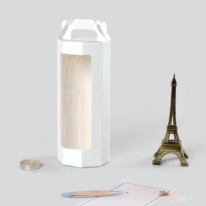 White hexagonal gift box with transparent window and handle for elegant packaging