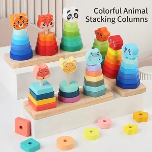 Colorful wooden animal stacking rings and geometric blocks puzzle toy for toddlers