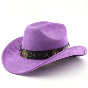 Purple faux suede cowboy hat with sunburst metal accents and bohemian leather band