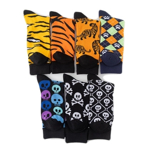 Detail view of cotton crew socks featuring diverse tiger stripes and skull patterns