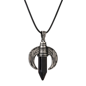 Vintage crescent horn pendant with dark crystal column on black cord necklace
