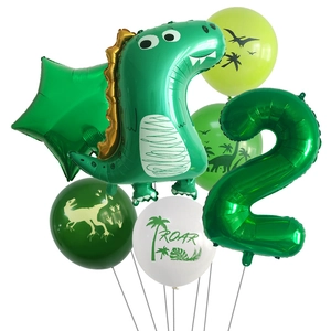 Detail of dinosaur balloon set with green number 2 and printed roar latex balloons