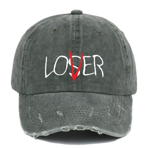 Vintage washed grey baseball cap featuring Loser and Lover embroidery and distressed brim