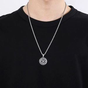 Silver Viking Compass pendant necklace with Runic alphabet on a steel twist chain
