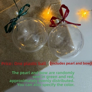 Close-up of clear plastic Christmas ball with pearls and red ribbon on velvet background