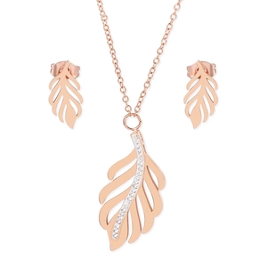 Parure Collier Et Boucles D'oreilles En Acier Inoxydable En Forme De Feuille Plume Creuse Avec Zirconium Pour Femme