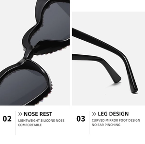 Detail of comfortable silicone nose pads and curved temples on heart-shaped sunglasses