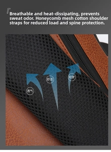 Detail of breathable honeycomb mesh shoulder strap with brown leather trim for comfort