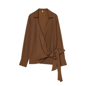 Chemisier Croisé À Manches Longues Pour Femmes Col En V Caramel Polyester Nœud À La Taille Élégant Top