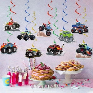 Monster truck theme birthday party hanging swirl decorations with colorful vehicle cutouts