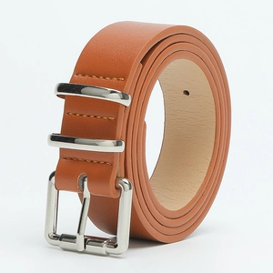 Brown leather women belt with silver pin buckle and double rings on white background