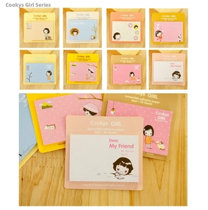 Close-up of cute cartoon girl stationery notes with eight unique illustrated designs