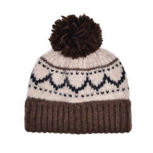 Bonnet en tricot d'hiver avec motifs nordiques et pompon en fausse fourrure marron