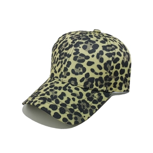 Detail view of leopard print baseball cap with classic six-panel design and curved brim