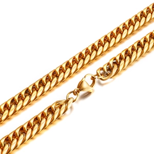 Polished gold titanium steel double weave cuban chain necklace with lobster clasp
