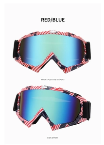Front and side views of adult ski goggles with American flag frame and tinted lenses