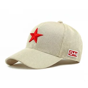 Beige breathable mesh baseball cap with red star embroidery and CHN side patch