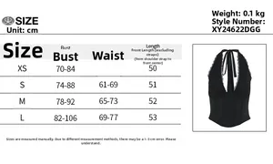 Detailed size chart for black V-neck halter top showing chest and waist measurements