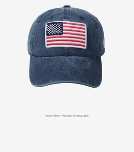 Close-up of navy cotton baseball cap featuring high-quality American flag embroidery