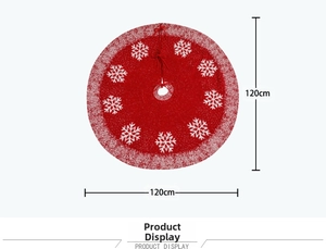 Detail of red knit Christmas tree skirt featuring white snowflake patterns and 120cm diameter
