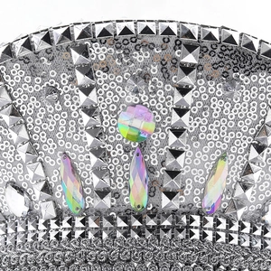 Close-up of silver punk captain hat with metallic studs and sparkling AB rhinestones