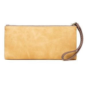 Retro mustard yellow matte leaf buckle long wallet with wristlet strap and zipper closure