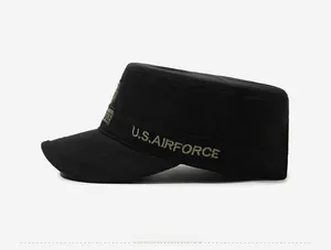 Detailed side view of black tactical military cap with U.S. AIRFORCE embroidery