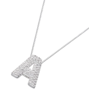Detail of cubic zirconia letter A pendant on a silver-toned hip hop style necklace