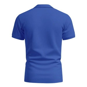 Detailed back view of blue short-sleeved polo shirt showing honeycomb knit texture