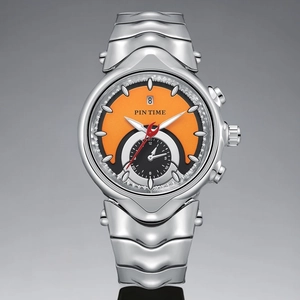 Macro shot of silver wavy watch band and orange dial with Pin Time branding detail