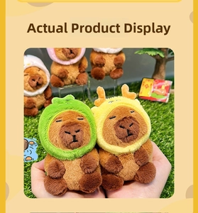 Close-up of cute plush Capybara keychains wearing colorful hats for backpack charms