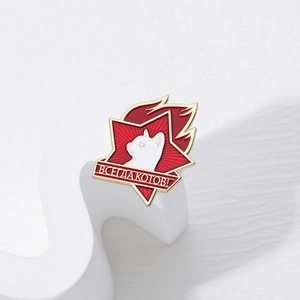 Star and flame enamel cat brooch with Russian text on a minimalist display stand