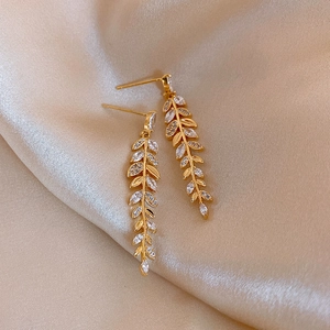 Elegant Wheat Leaf Drop Earrings Alloy Rhinestone Inlaid With 925 Sterling Silver Earring Post For Women Vintage Jewelry