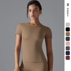 Damen Hoch Dehnbar Einfarbig Eng Atmungsaktiv Yoga T-Shirt Kurzarm Sport Laufen Fitness Gym Top