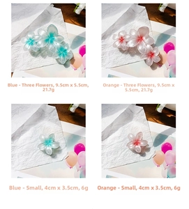 Detailed dimensions of gradient frangipani flower hair claws in small and large sizes