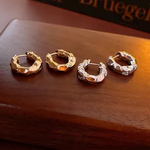 Wrinkled Metal Hoop Earrings Real Gold Plated Copper Geometric Ear Buckle With Silver Earring Post Fashion Minimalist For Women