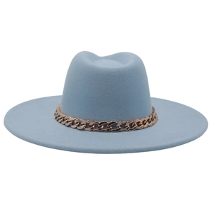 Detailed view of wide-brim light blue wool fedora hat with rose gold chain accessory