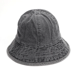 Detail of dark gray washed denim bucket hat with reinforced multi-row stitching on brim