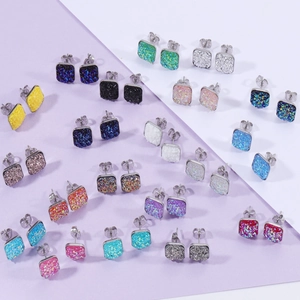 Square textured crystal stud earrings set with colorful sparkling druzy stones