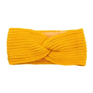 Detail view of yellow chunky knit headband with twisted design and cozy fleece lining