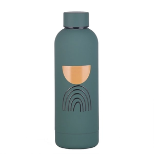 Detail of dark green stainless steel bottle with abstract gold and black geometric print