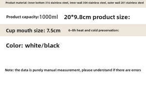 Macro shot detailing 316 stainless steel interior and 1000ml thermal flask dimensions